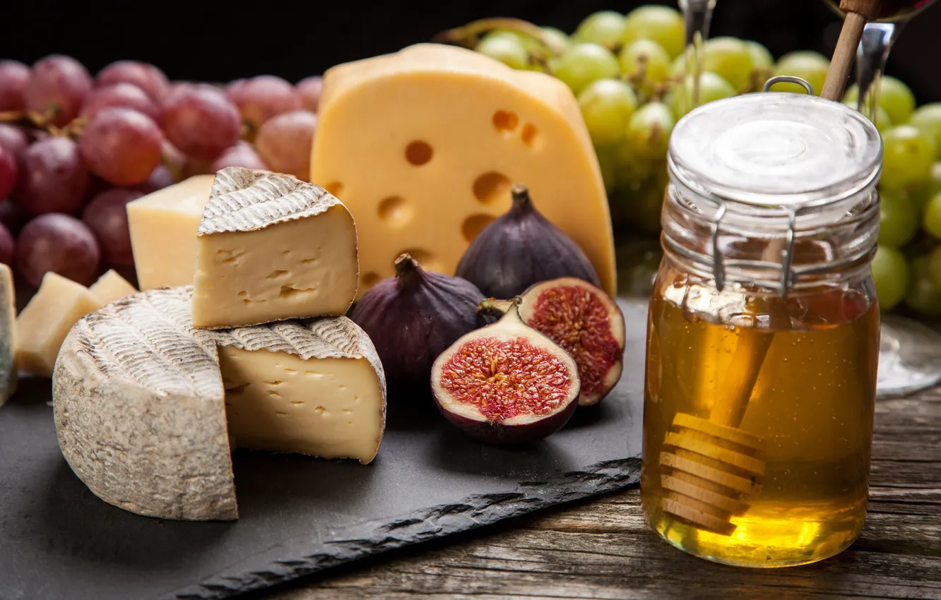 Фото обои сыр, мед, виноград, honey, grapes, cheese, инжир, figs