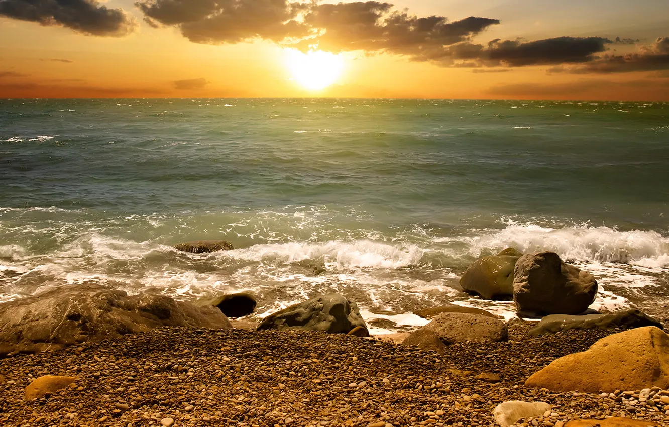 Фото обои море, солнце, волна, горизонт, прибой