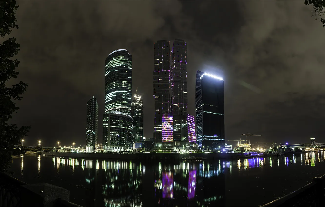 Фото обои ночь, city, река, небоскребы, moscow, москва сити