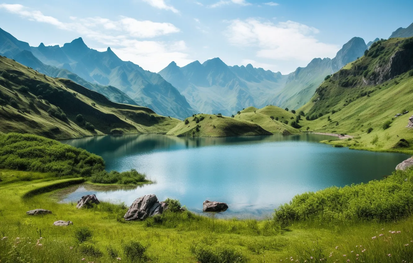 Фото обои зелень, лето, трава, облака, пейзаж, горы, природа, озеро