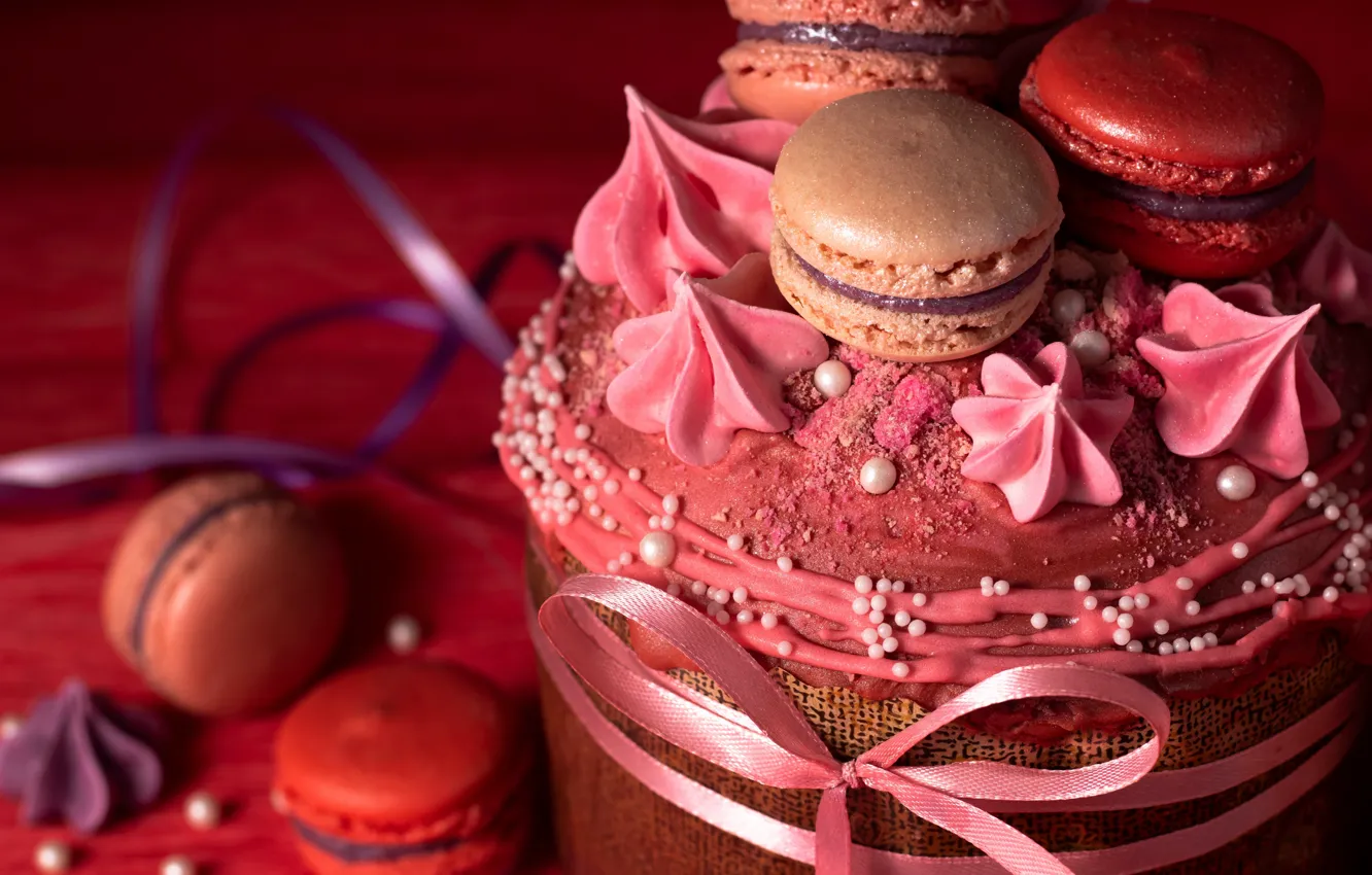 Фото обои розовый, праздник, красное, весна, печенье, Пасха, бантик, красный фон