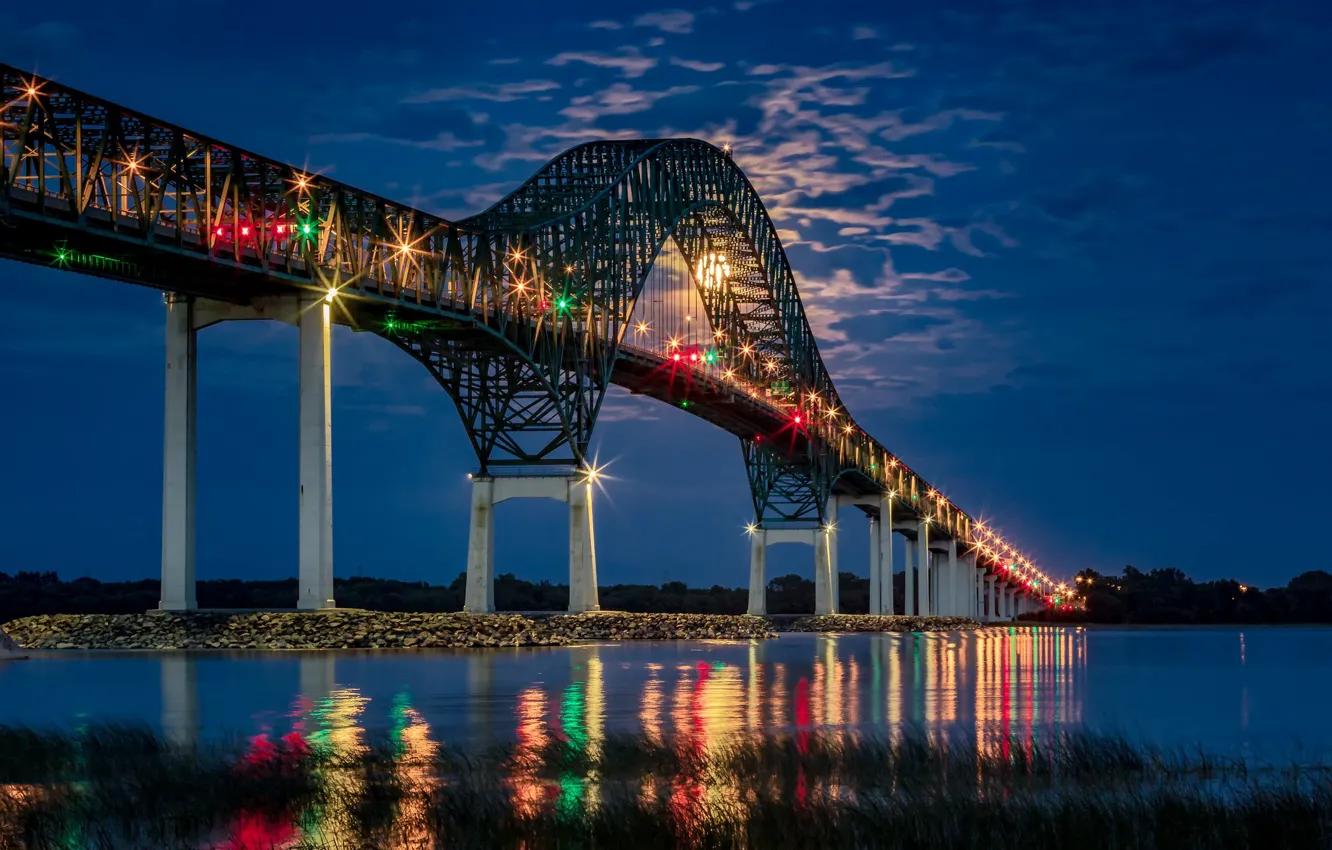 Фото обои ночь, мост, огни, река, Канада, Canada, Quebec, Квебек