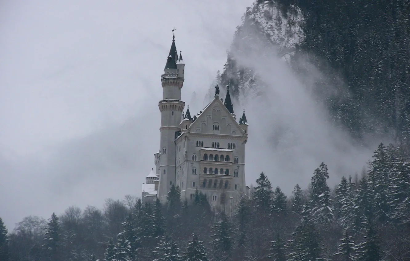 Фото обои зима, небо, снег, деревья, горы, туман, замок, Германия