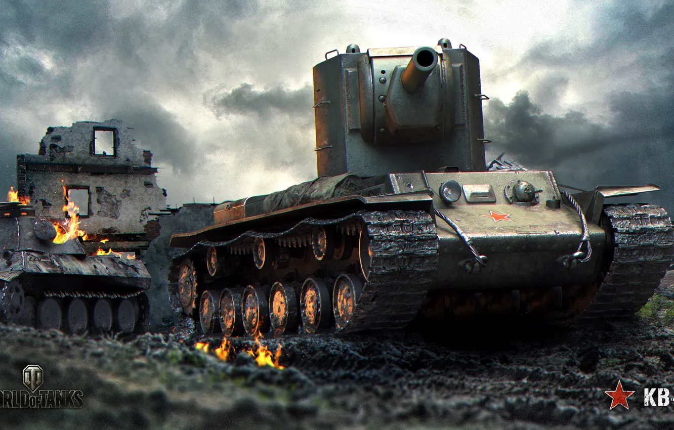 Фото обои огонь, мощь, грязь, арт, развалины, танк, СССР, тяжелый