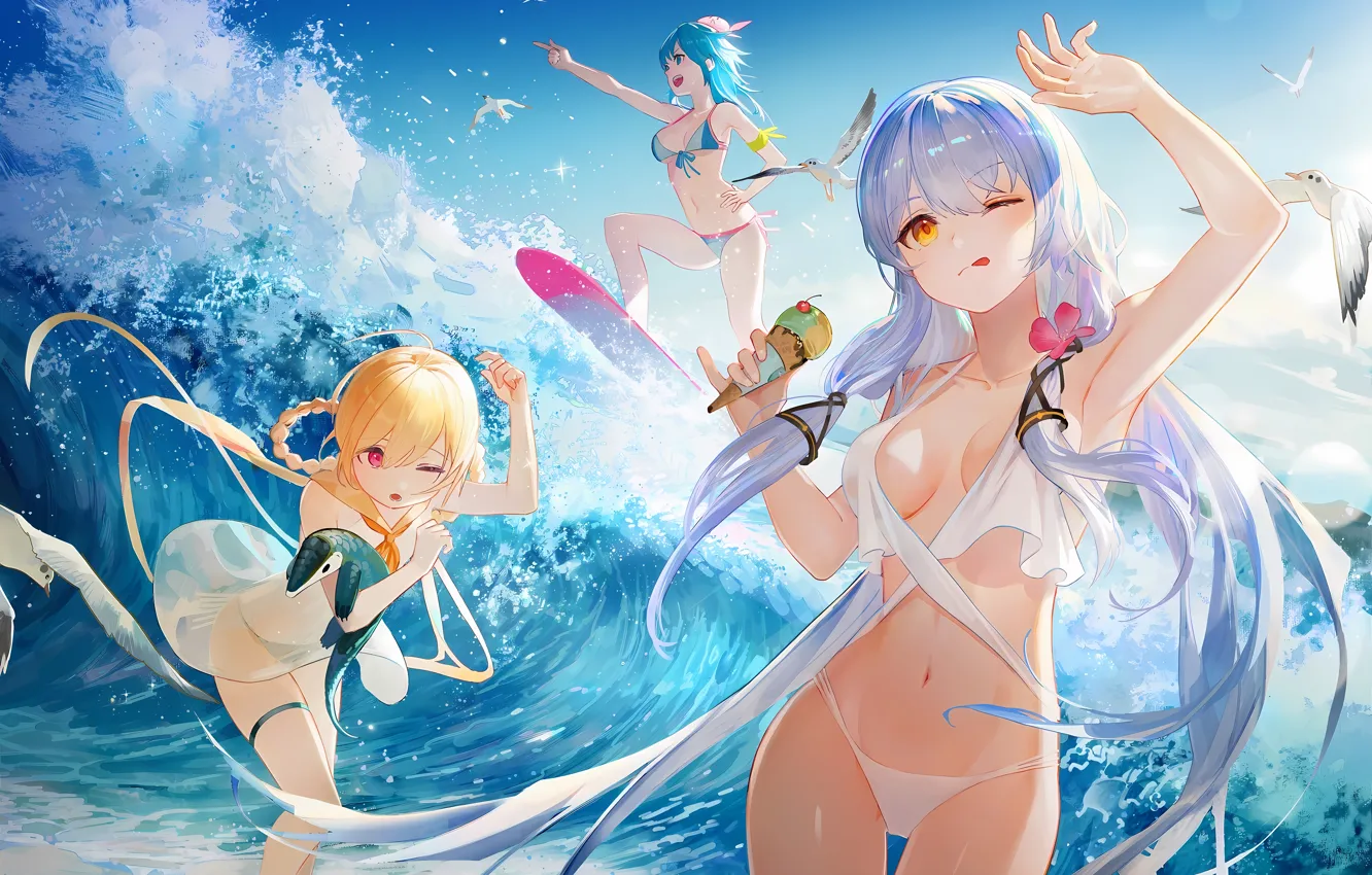 Фото обои sexy, cleavage, Vocaloid, sky, long hair, legs, sea, girls