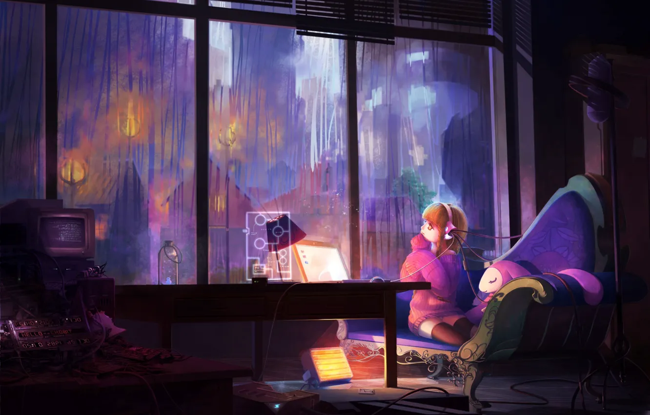 Фото обои компьютер, девушка, комната, дождь, провода, окна, арт, chobits