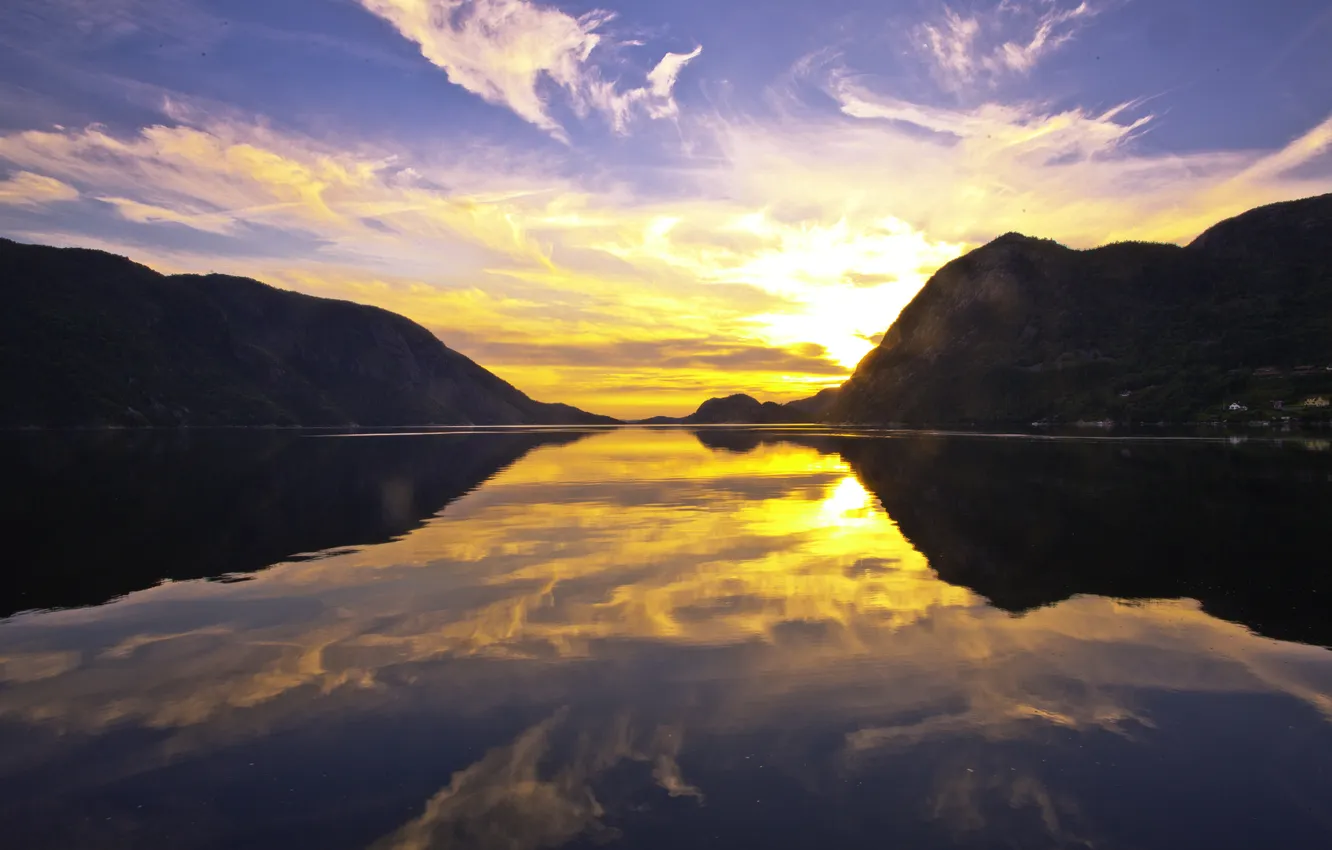 Фото обои закат, горы, отражение, река, river, sunset, mountains, reflection
