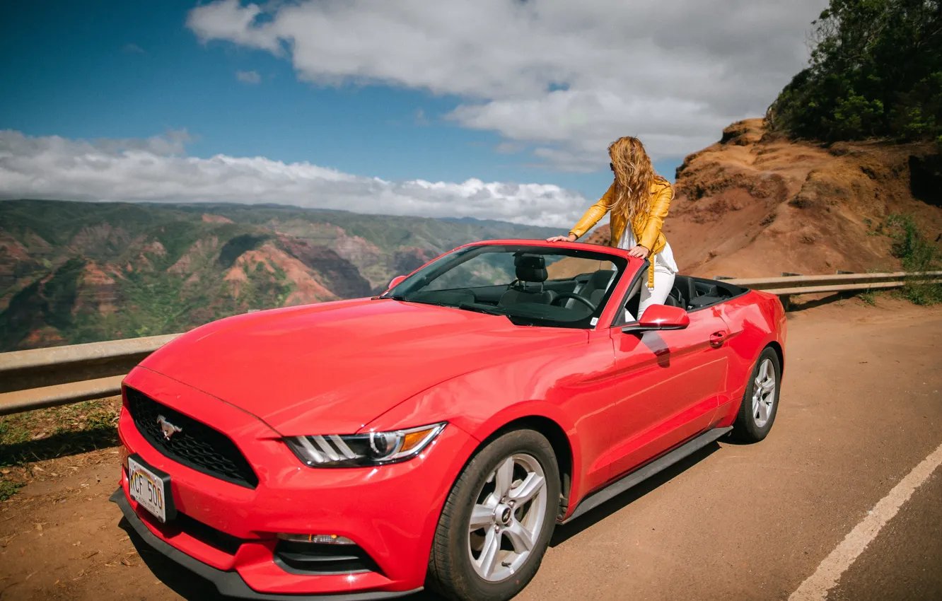 Фото обои дорога, девушка, горы, Mustang, Ford, кабриолет, Ford Mustang