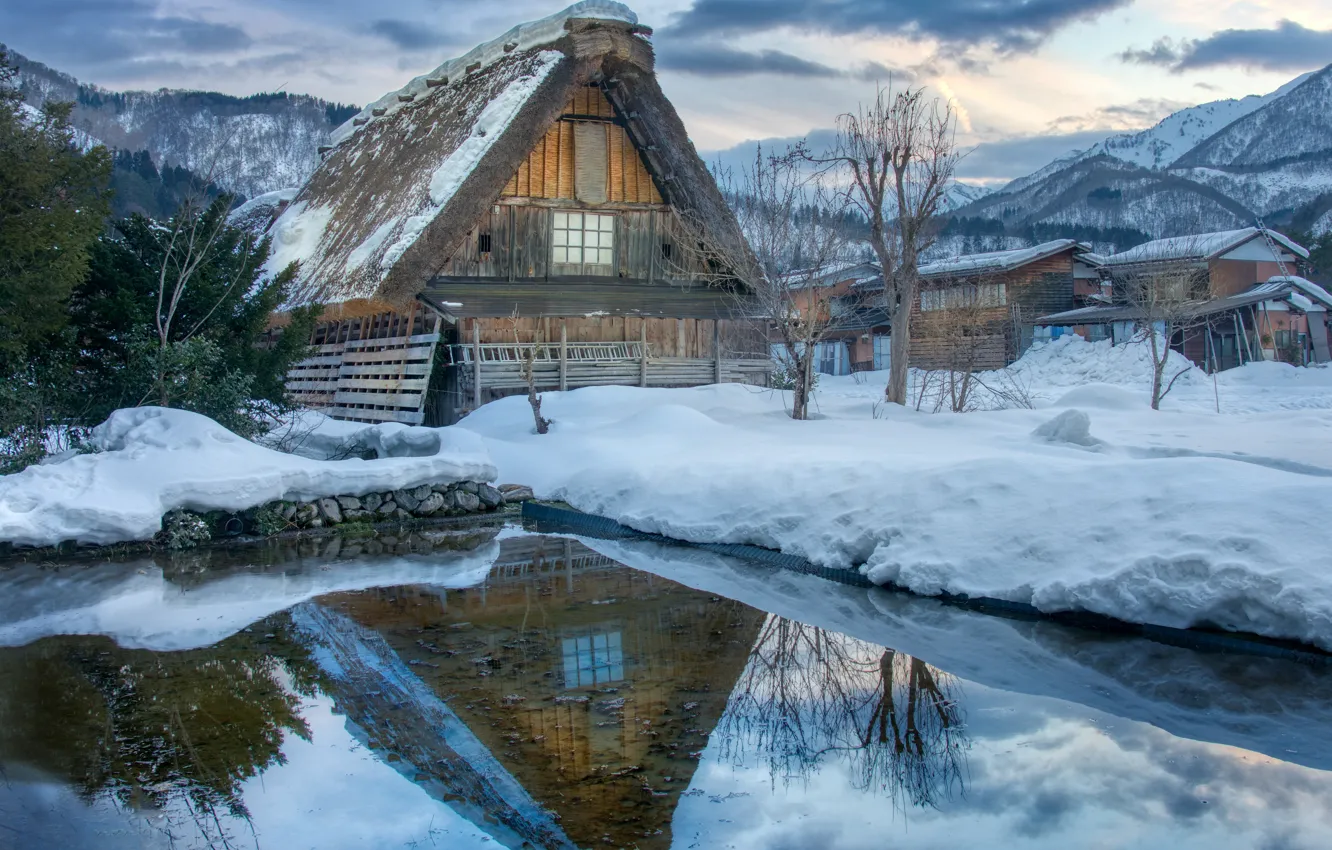 Фото обои зима, вода, снег, тучи, дом, село, Япония, Сиракава-го