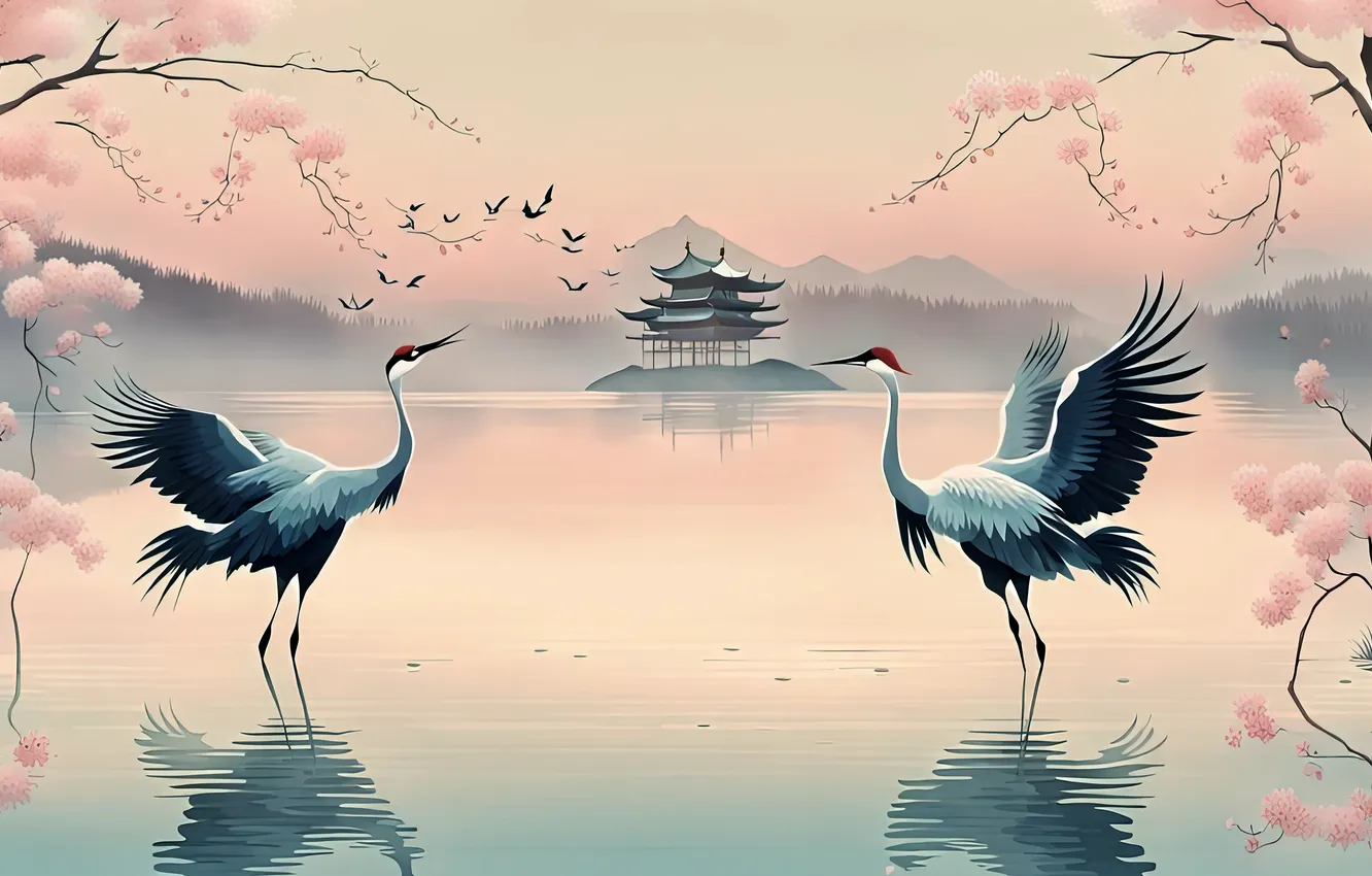 Фото обои Japan, pink, water, digital art, artwork, AI art, cherry trees, soft shading