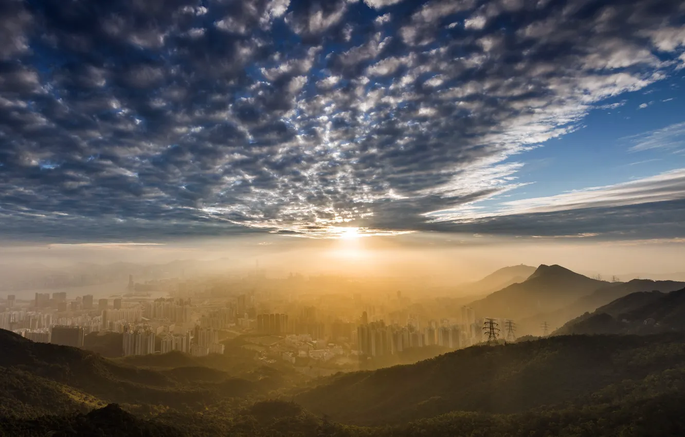Фото обои город, утро, Kowloon Peak, HongKong