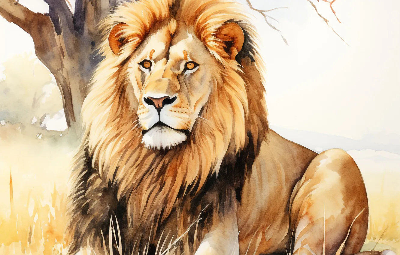 Фото обои взгляд, морда, деревья, хищник, лев, арт, большая кошка, цифровое искусство