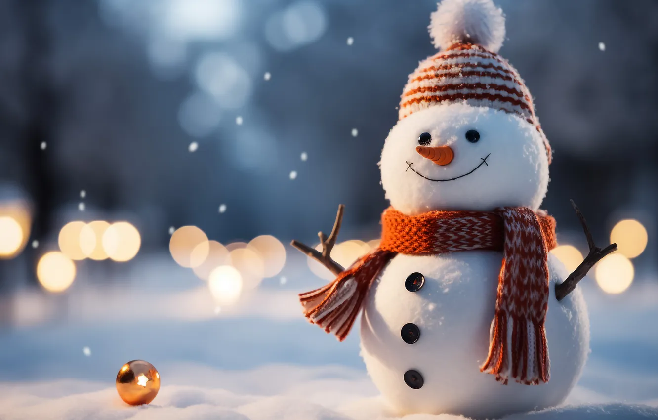 Фото обои зима, снег, Рождество, Новый год, снеговик, Christmas, winter, snow