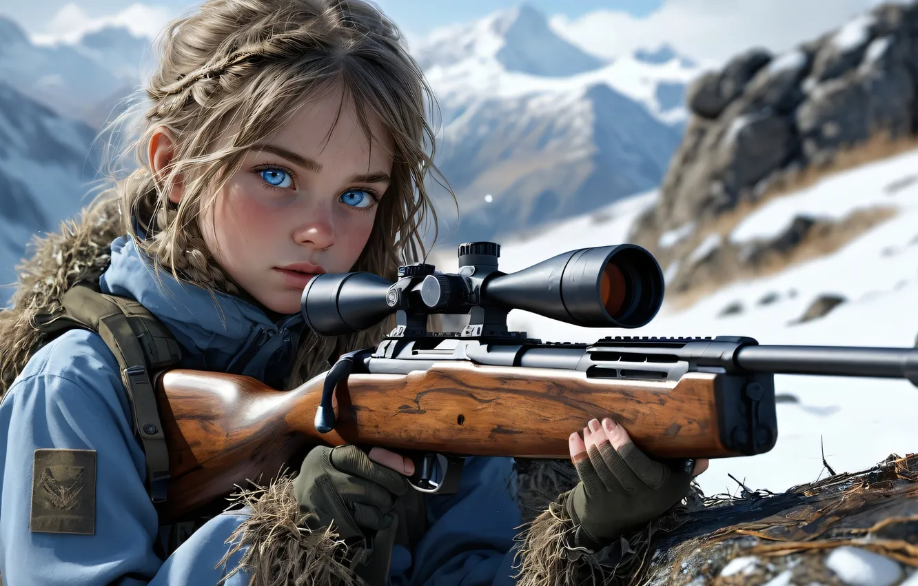 Фото обои girl, mountains, snow, sniper, sniper rifle, ai art