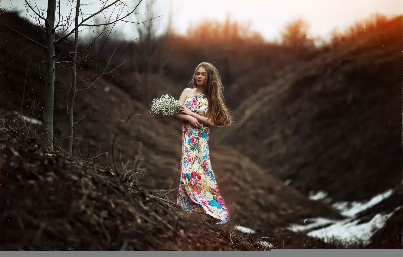 Фото обои девушка, цветы, природа, платье, боке, Karen Abramyan, the arrival of spring