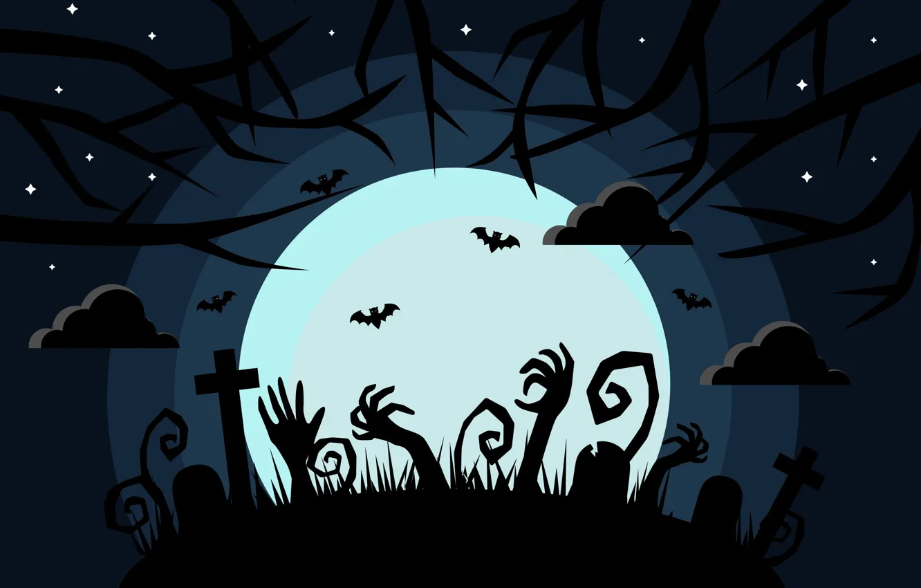 Фото обои Ночь, Луна, Тучи, Halloween, Хеллоуин, Зомби, Кладбище, Страшно