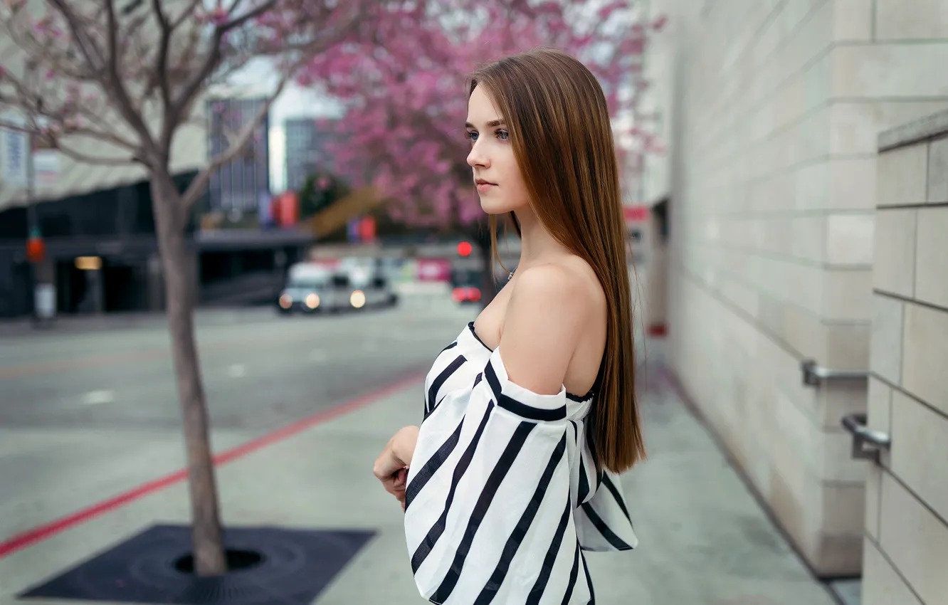 Фото обои city, girl, Model, long hair, photo, blue eyes, tree, lips