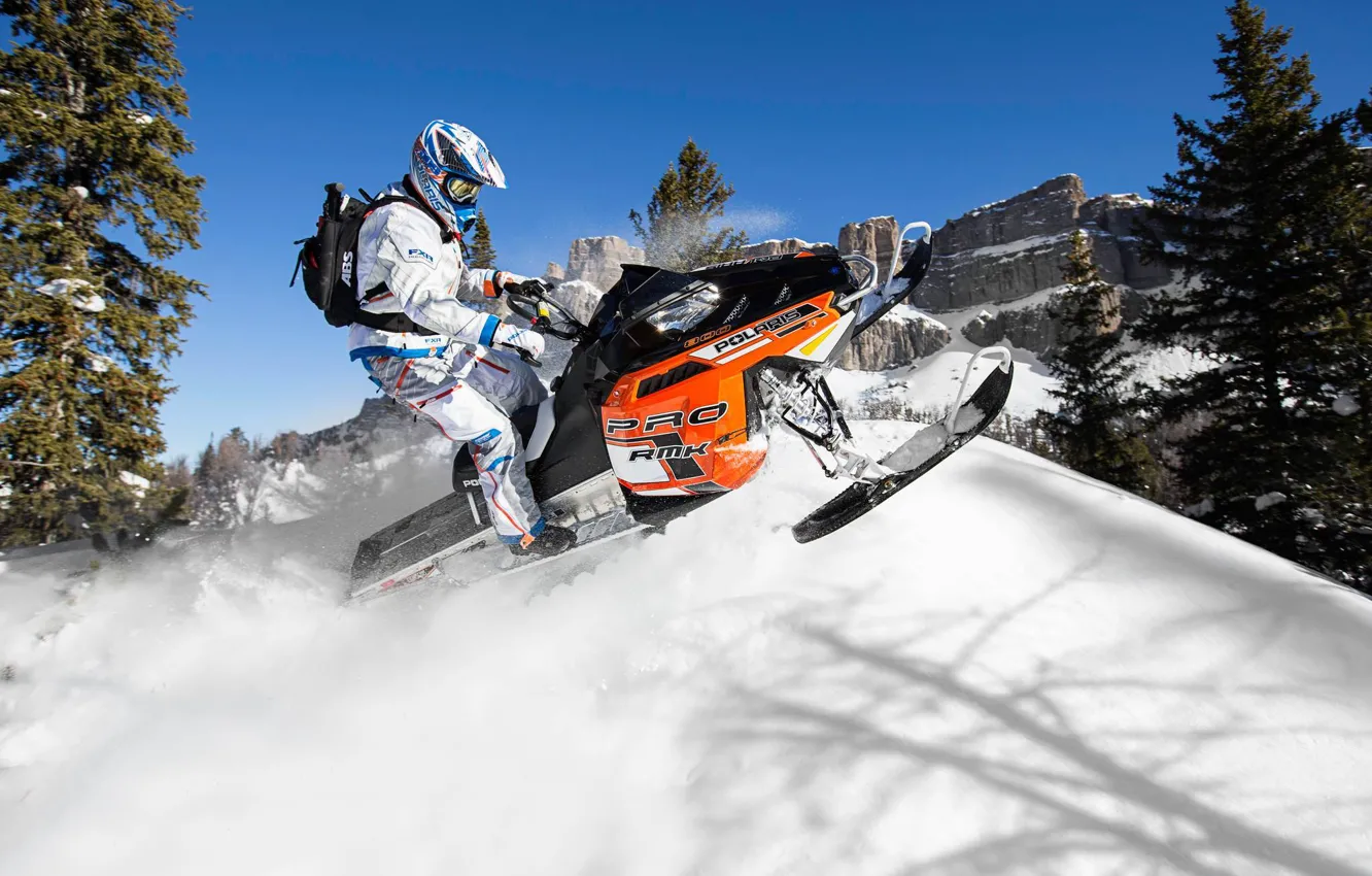 Фото обои прыжок, Снег, склон, Snow, снегоход, Polaris, snowmobile, Полярис