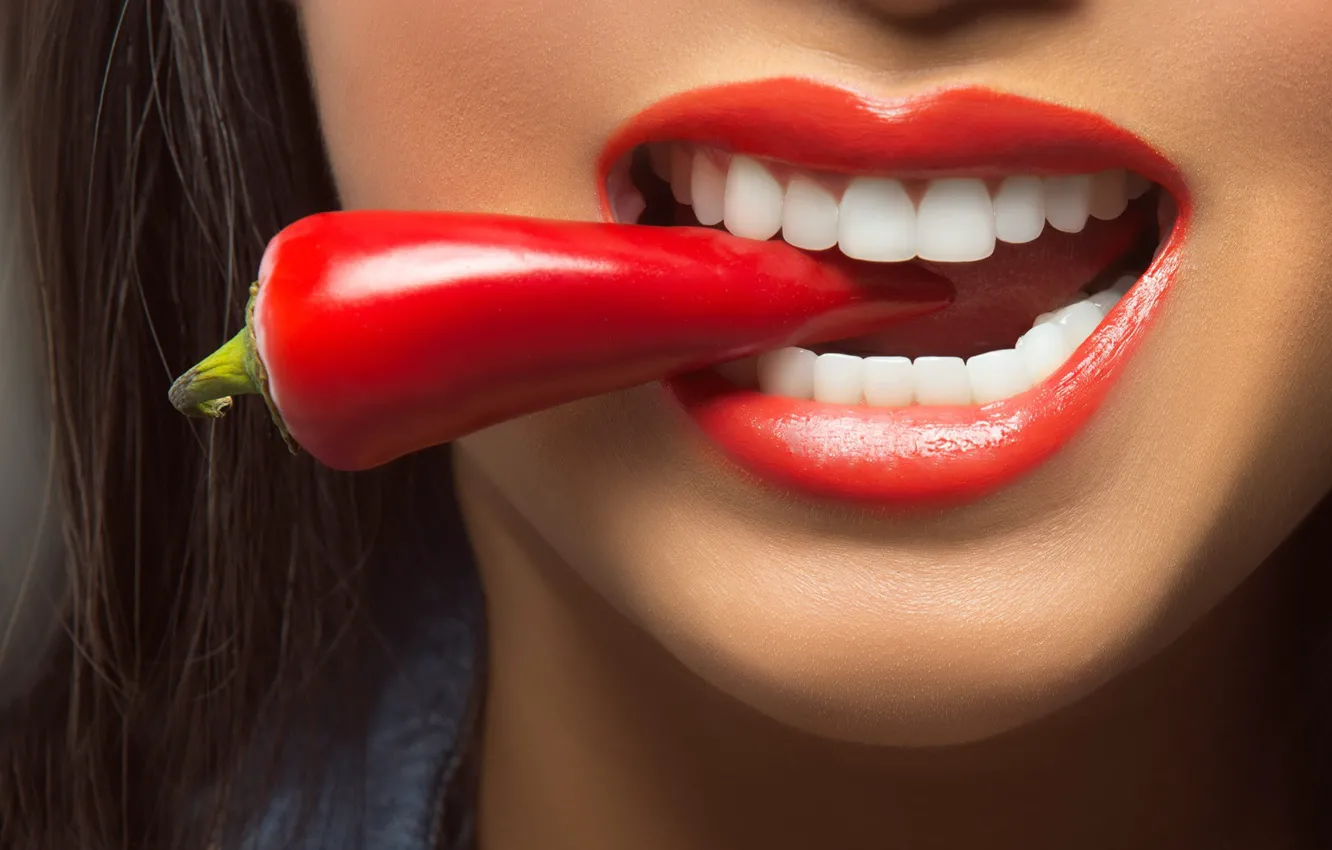 Фото обои зубы, губы, перец, Red Hot Chili Pepper