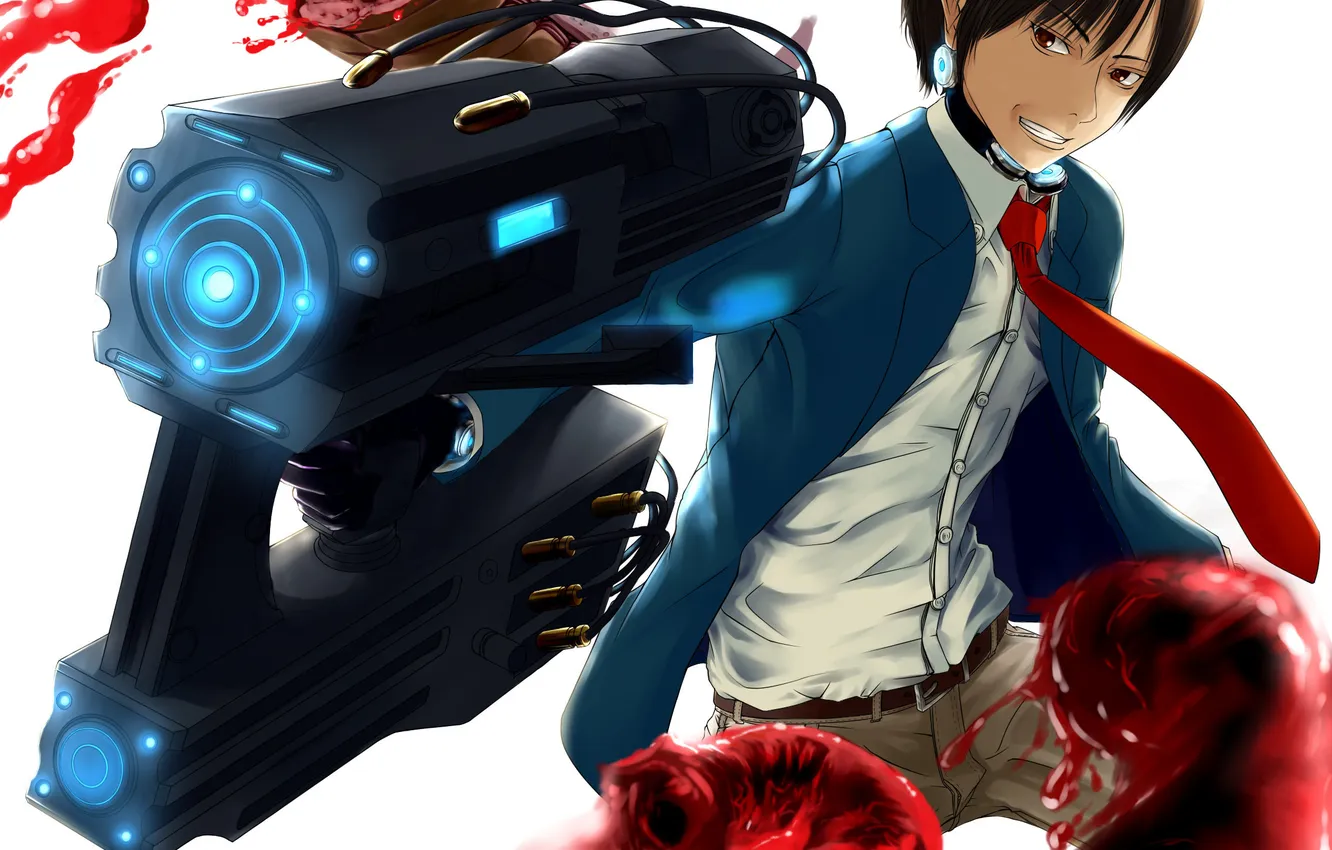 Фото обои оружие, кровь, монстр, аниме, арт, галстук, парень, Gantz
