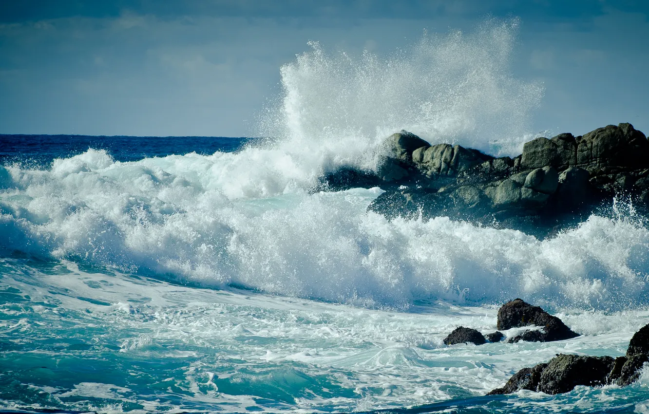 Фото обои волны, пена, вода, брызги, камни, океан, скалы