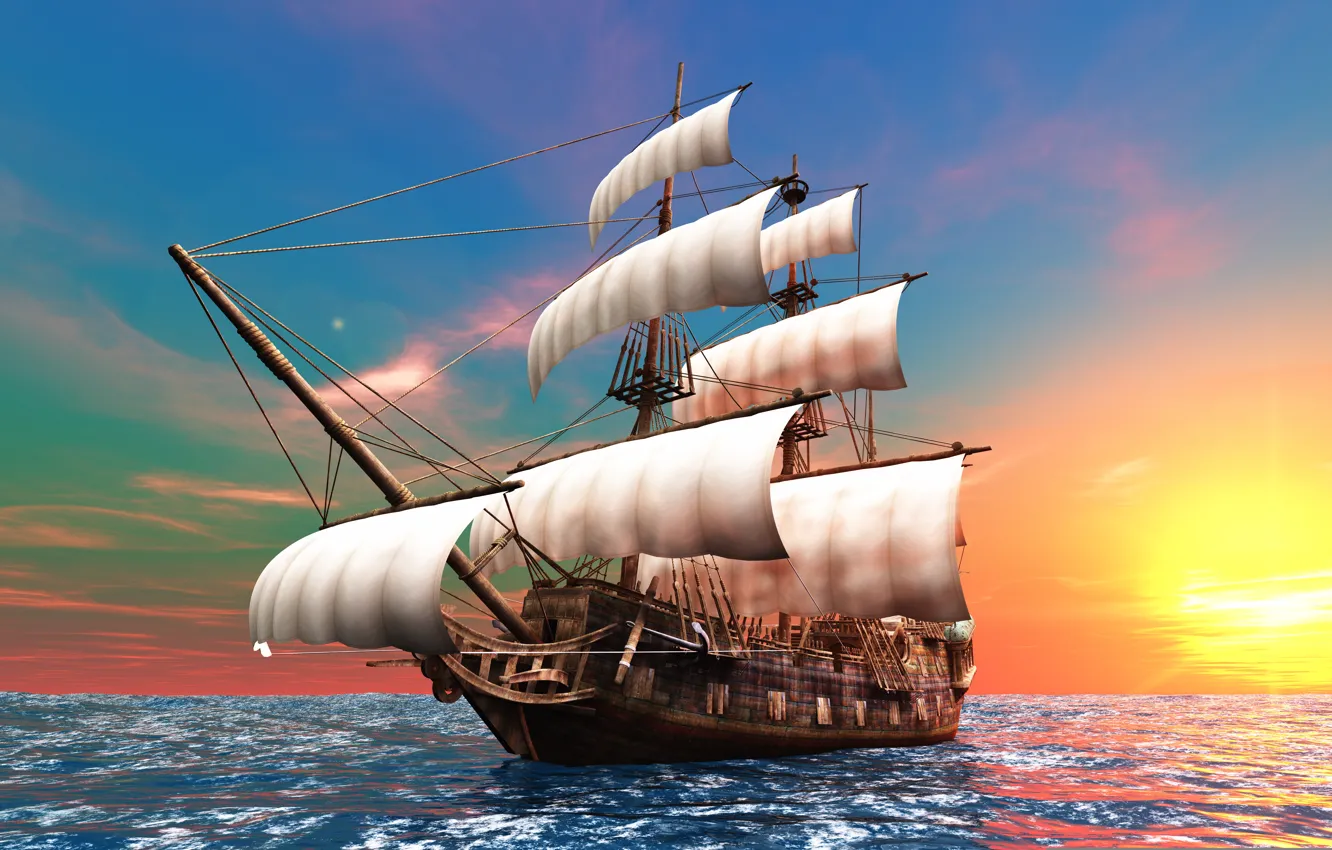 Фото обои солнце, океан, рассвет, графика, корабль, парусник, паруса, бриг