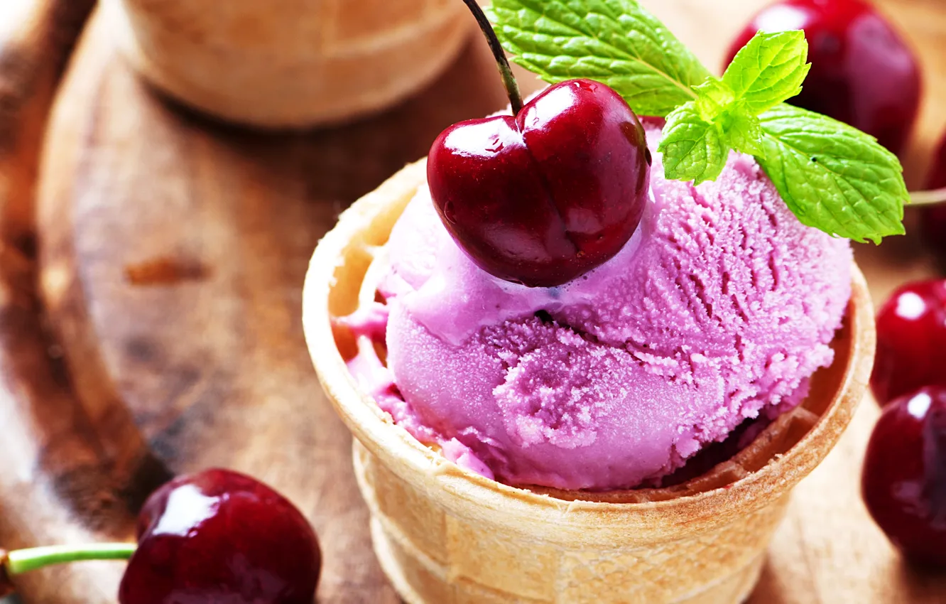 Фото обои вишня, ягоды, мороженое, Cherry, десерт, dessert, ice cream