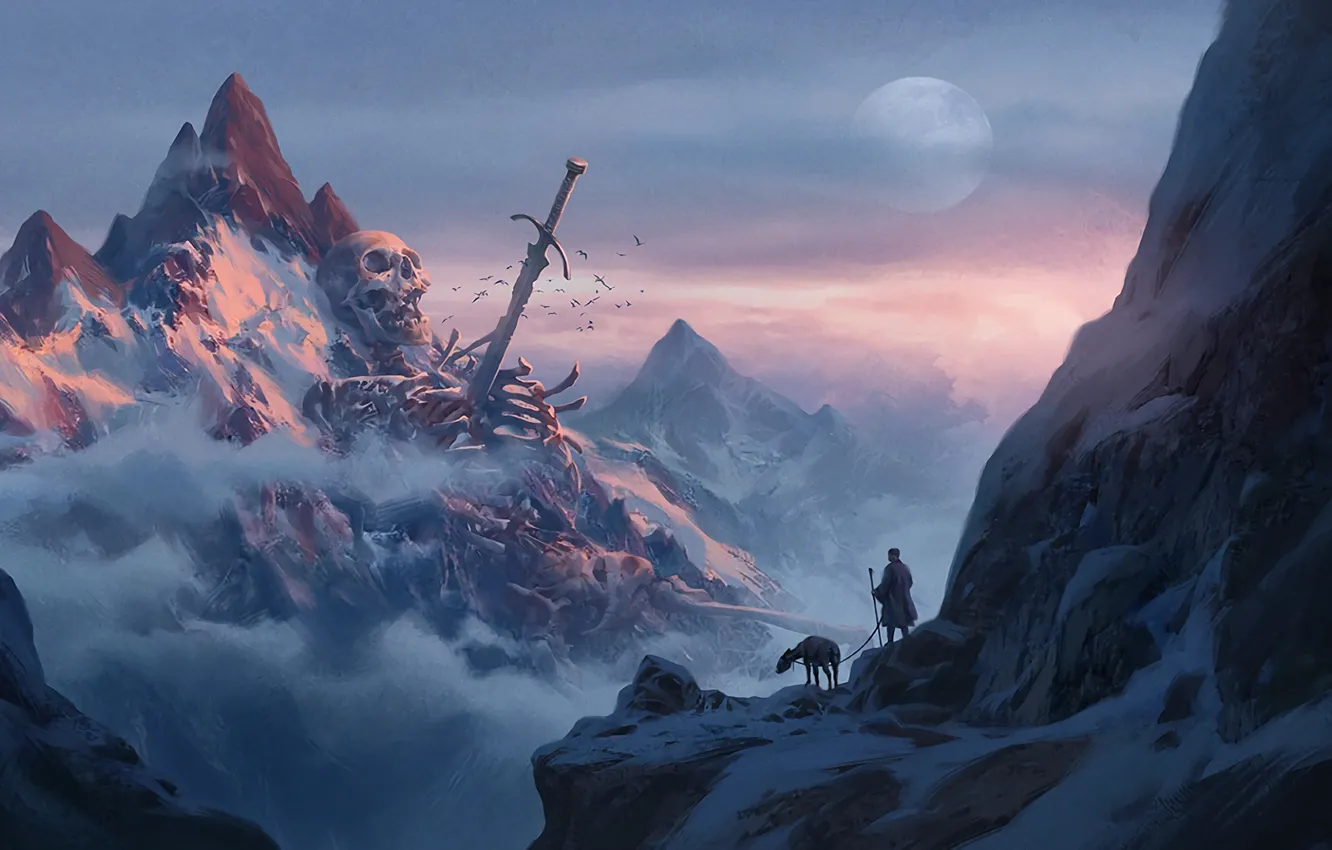 Фото обои skull, moon, sword, fantasy, sky, weapon, mountains, clouds