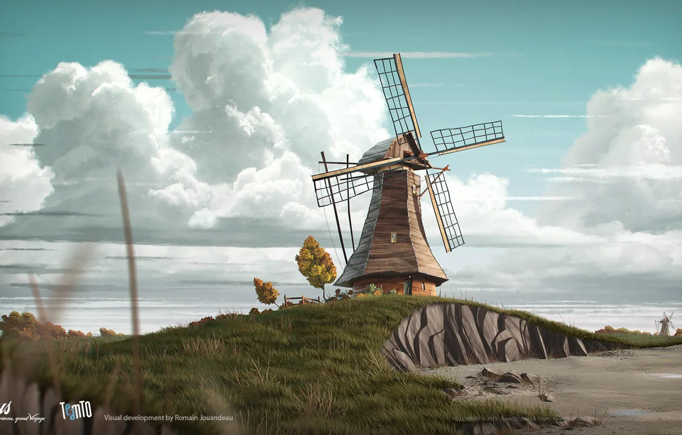 Фото обои трава, облака, мельница, пригорок, Gus - Petit Oiseau Grand Voyage