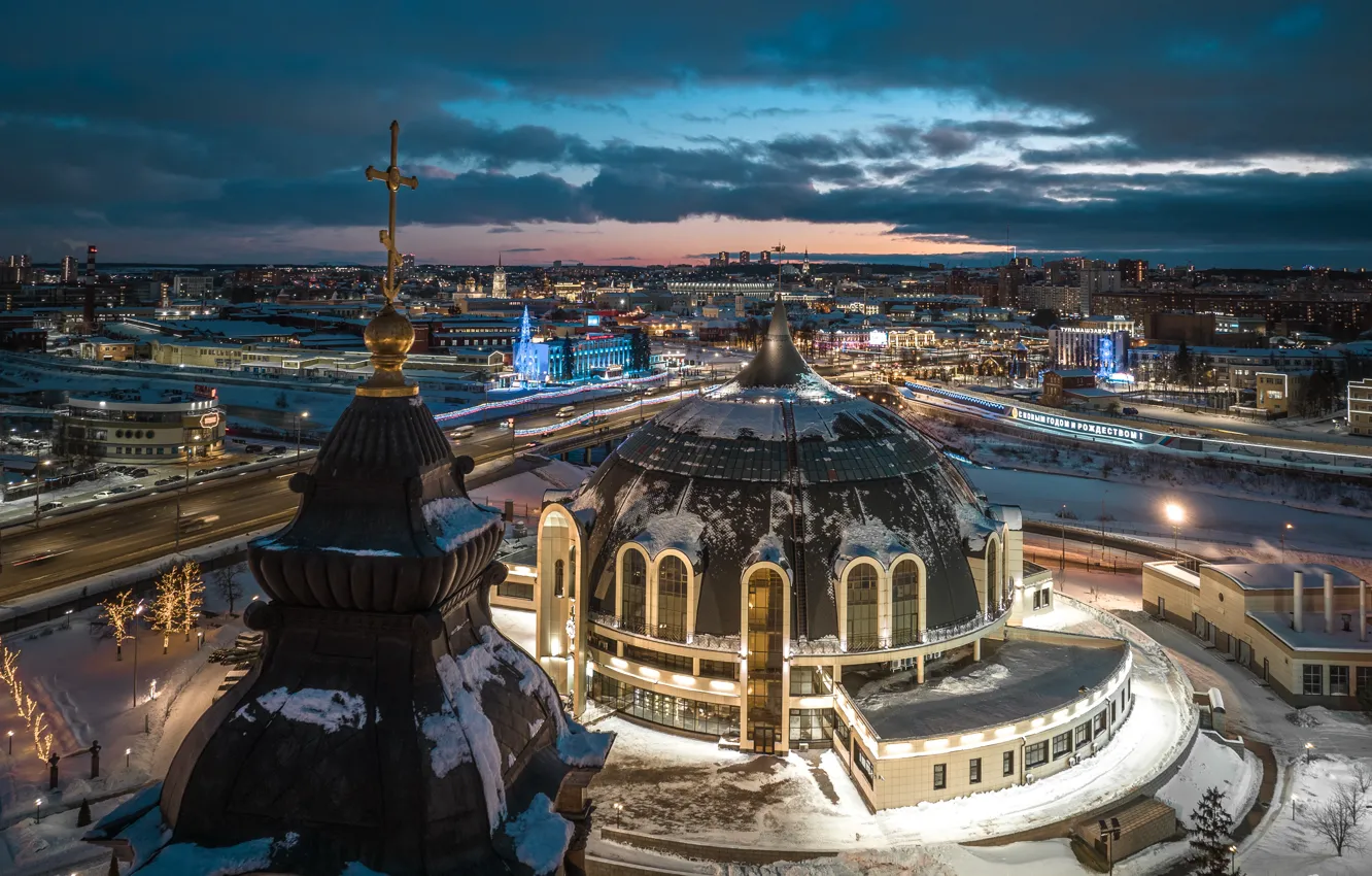 Фото обои зима, ночь, мост, город, освещение, Тула, Илья Гарбузов, Музей оружия