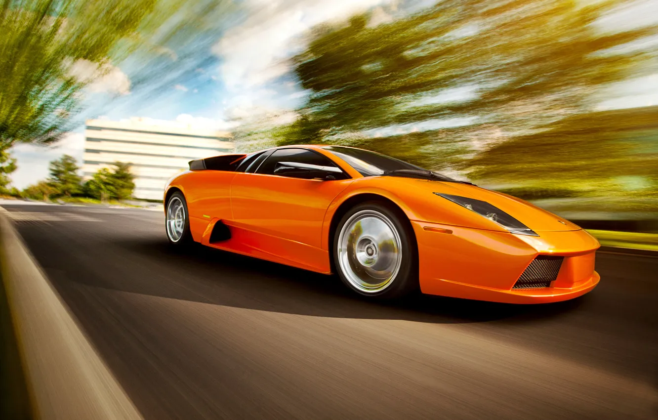 Фото обои скорость, оранжевая, Lamborghini, размытость, ламборджини, Murcielago, orange, ламборгини