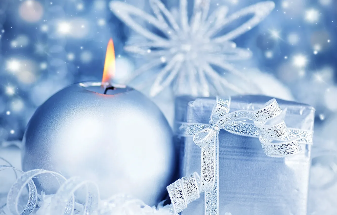 Фото обои подарок, свеча, голубая, Снежинка