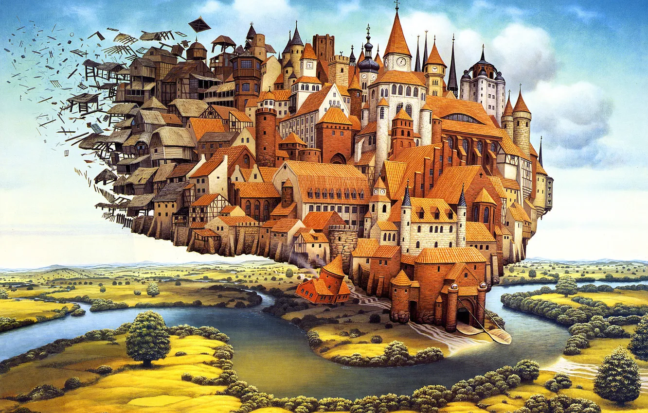 Фото обои сюр, cities flying, jacek yerka