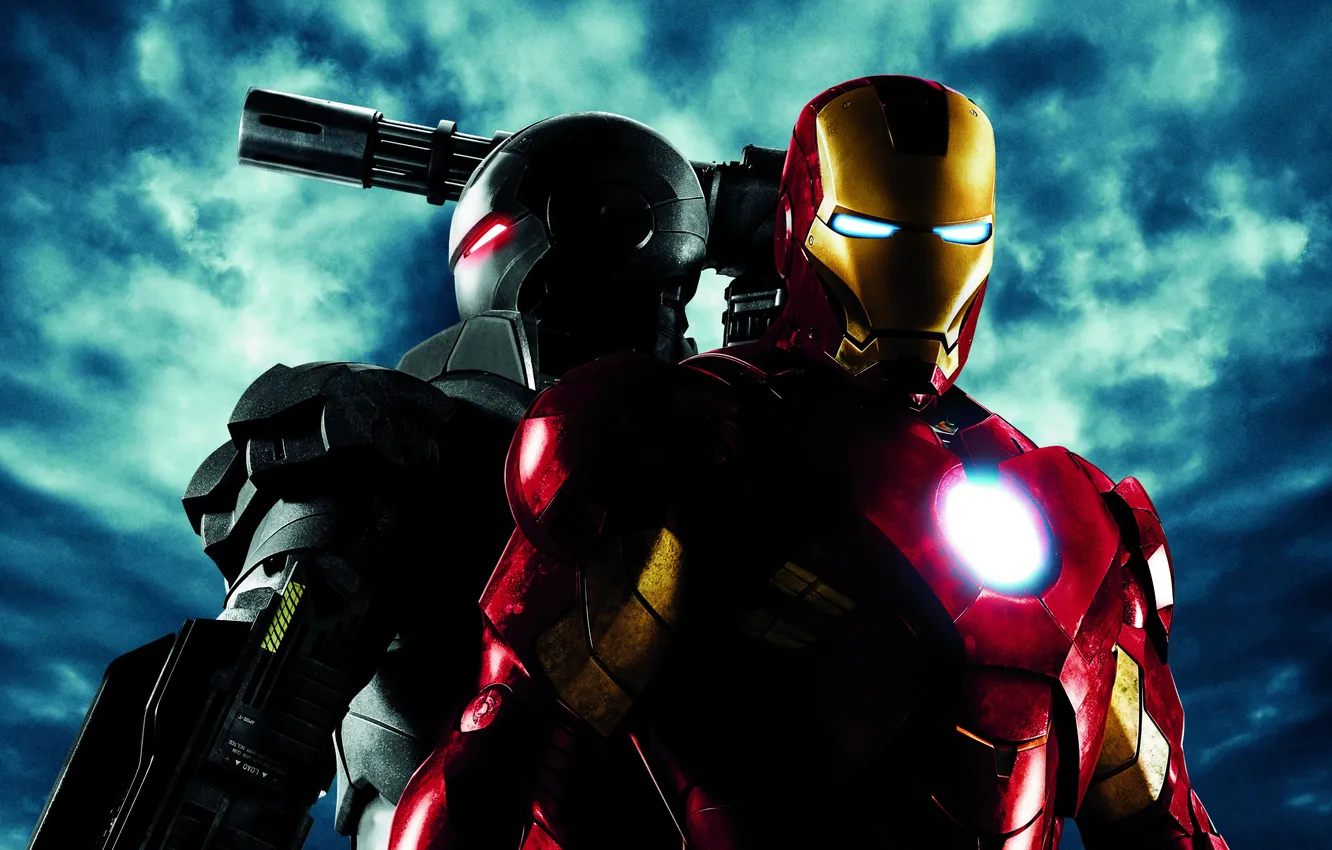 Фото обои оружие, фантастика, костюм, двое, постер, Железный человек 2, Iron Man 2, комикс