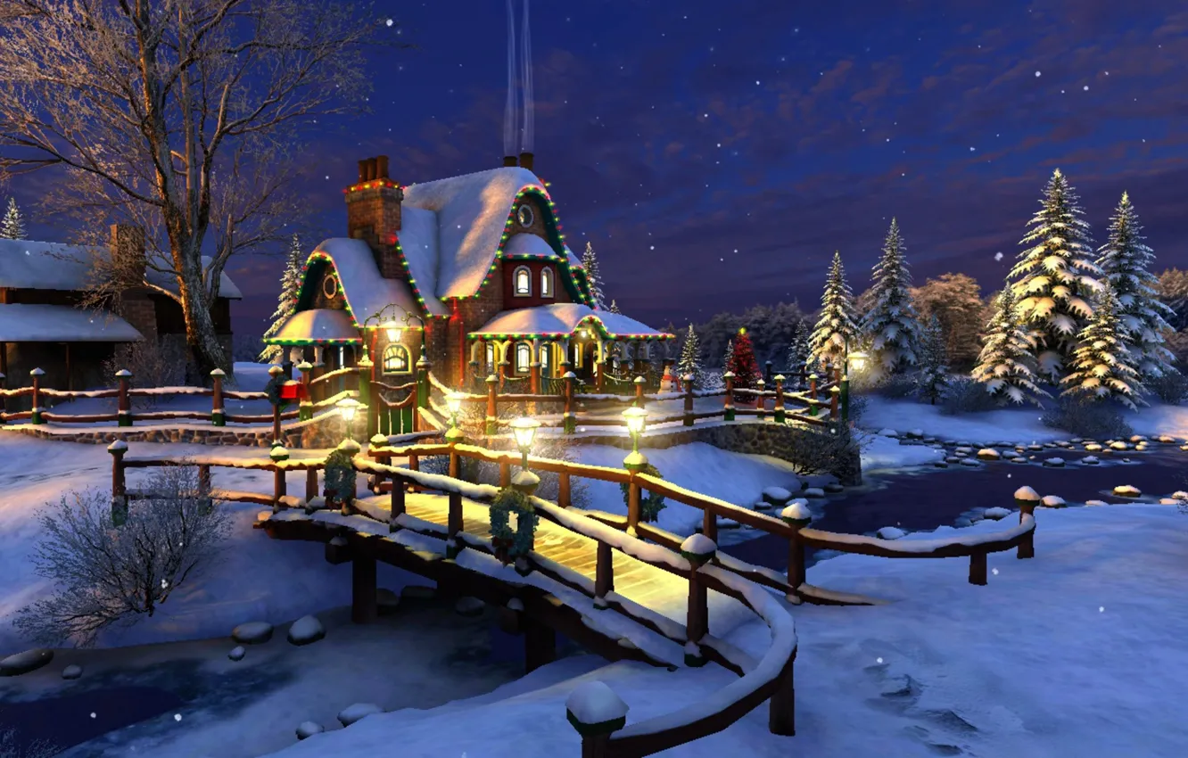 Фото обои зима, звезды, снег, украшения, ночь, мост, огни, река