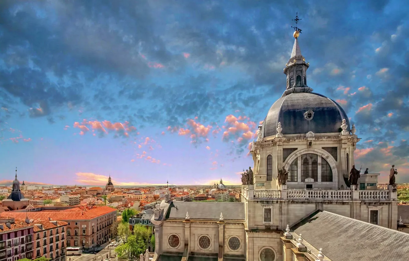 Фото обои небо, панорама, собор, Испания, Spain, Madrid, Мадрид, Собор Альмудена