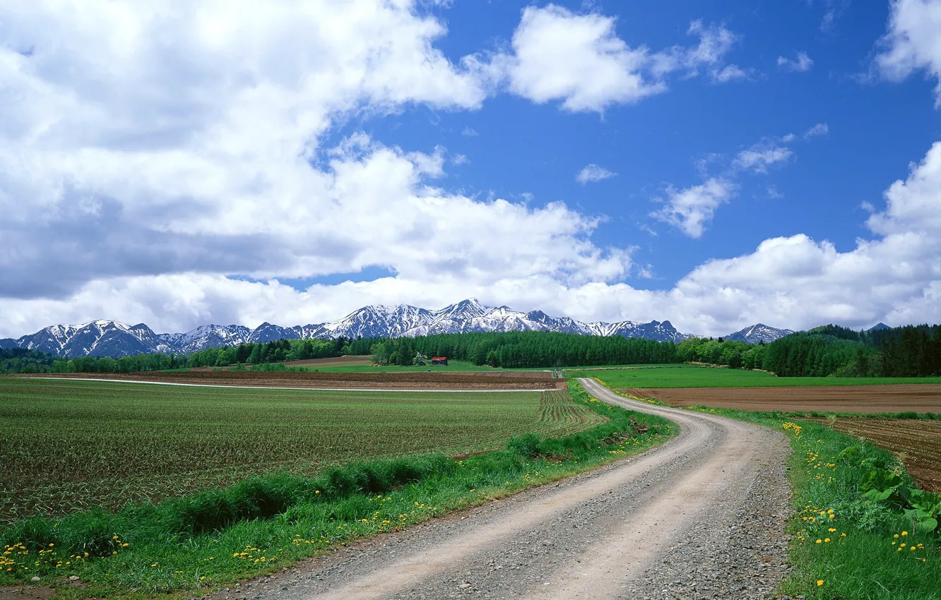 Фото обои дорога, поле, облака, горы
