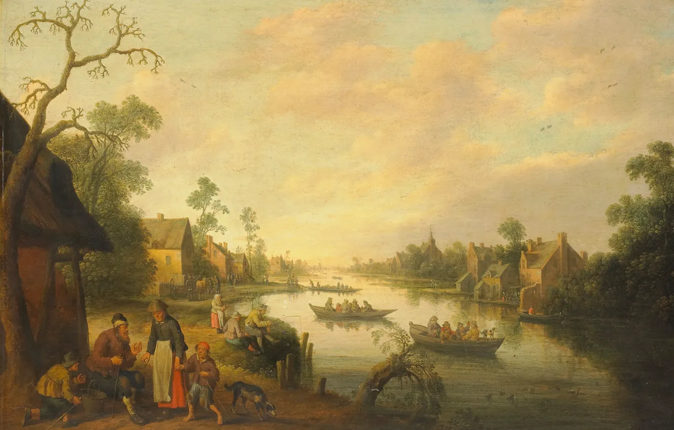 Фото обои пейзаж, дом, река, люди, лодка, картина, Вид Реки, Иост Корнелис Дрохслот