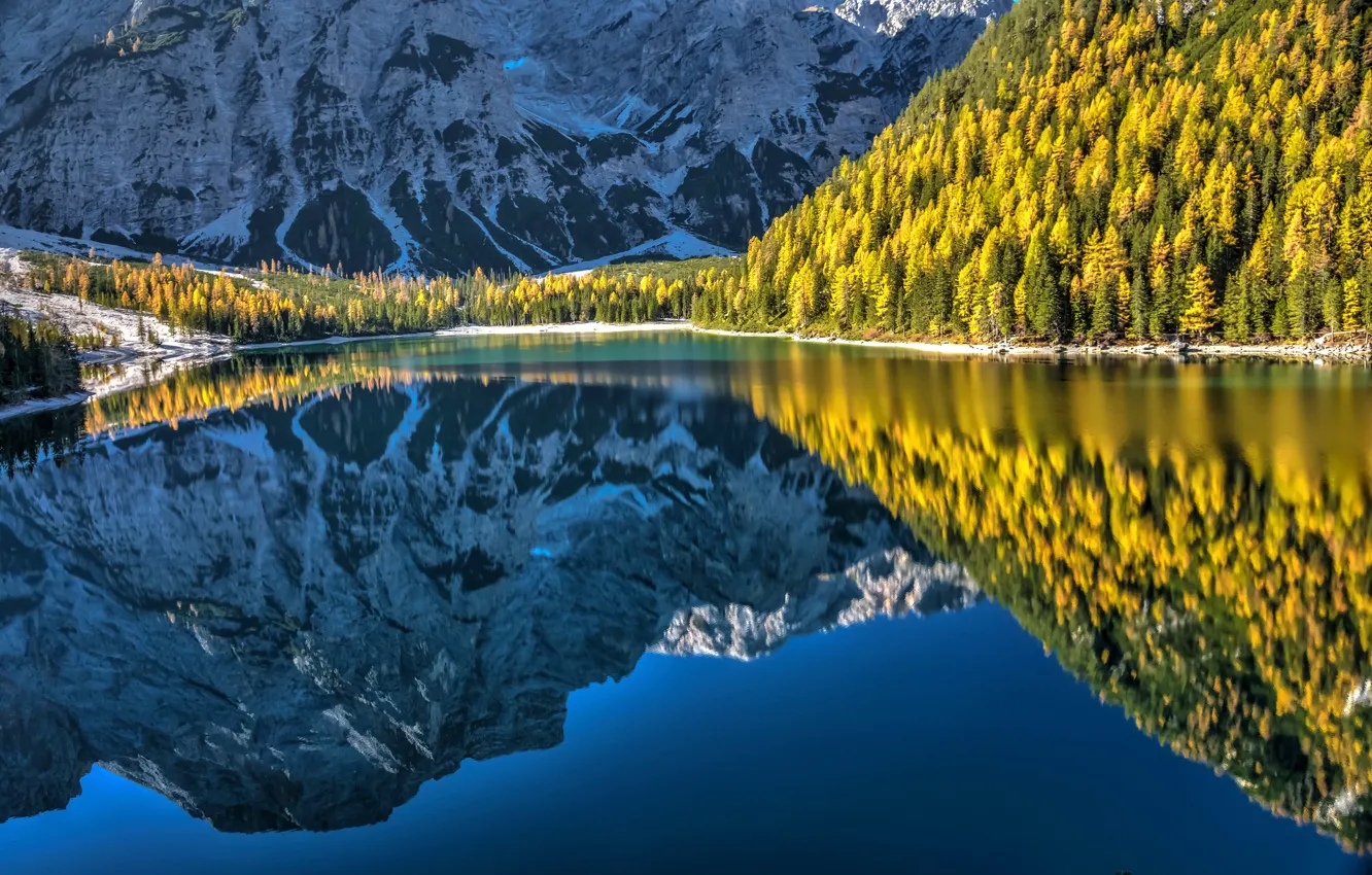 Фото обои осень, лес, горы, озеро, отражение, Италия, Italy, Доломитовые Альпы