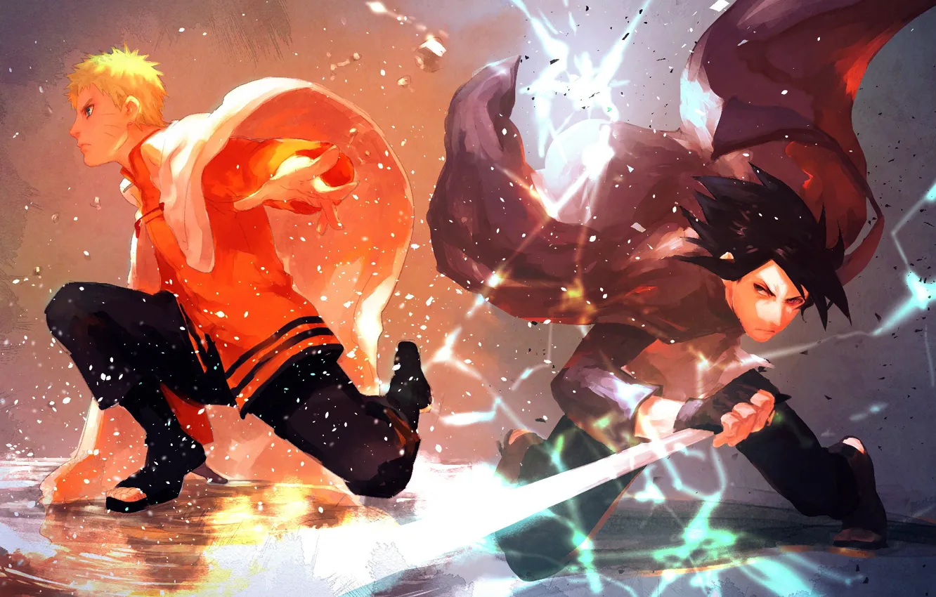 Фото обои молния, меч, сражение, плащ, друзья, ninja, Sasuke Uchiha, shinobi