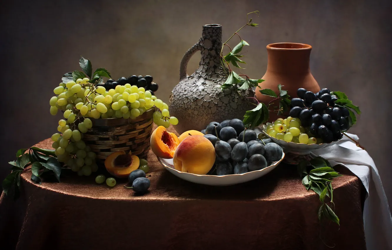 Фото обои виноград, натюрморт, персики