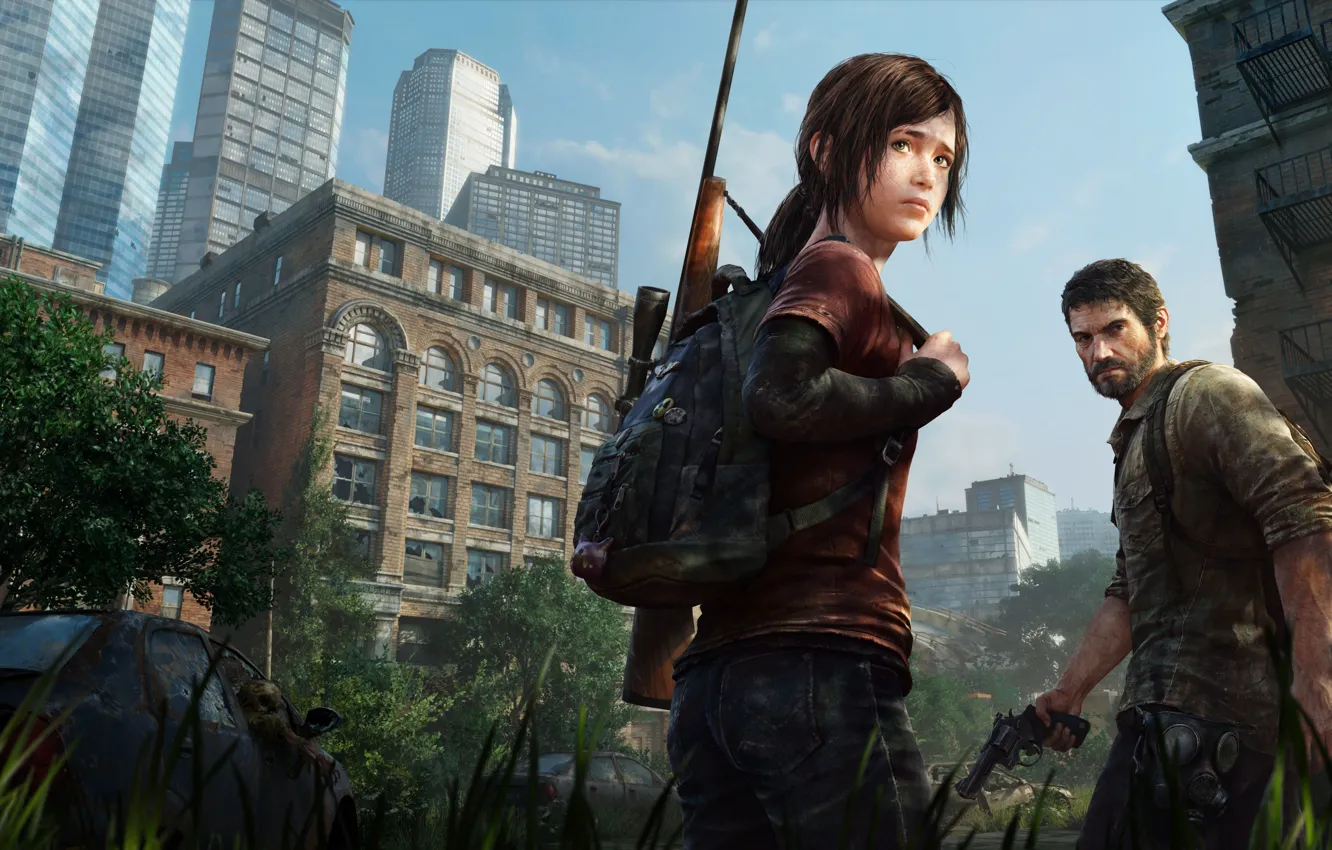 Фото обои Девочка, Мужик, Постапокалипсис, Элли, PS3, Джоэл, Naughty Dog, Одни из нас