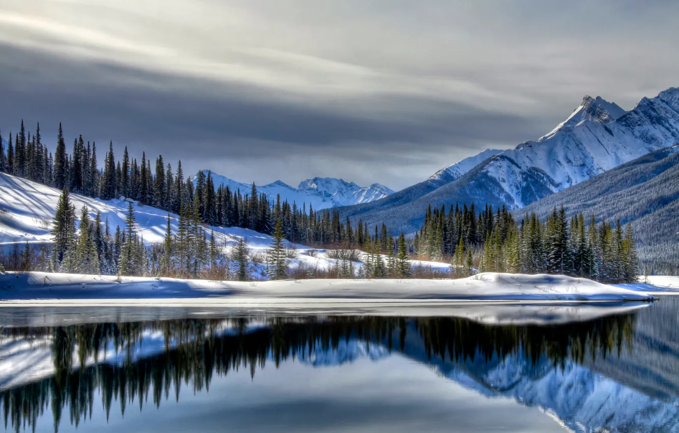 Фото обои зима, снег, горы, озеро, landscape, winter, snow