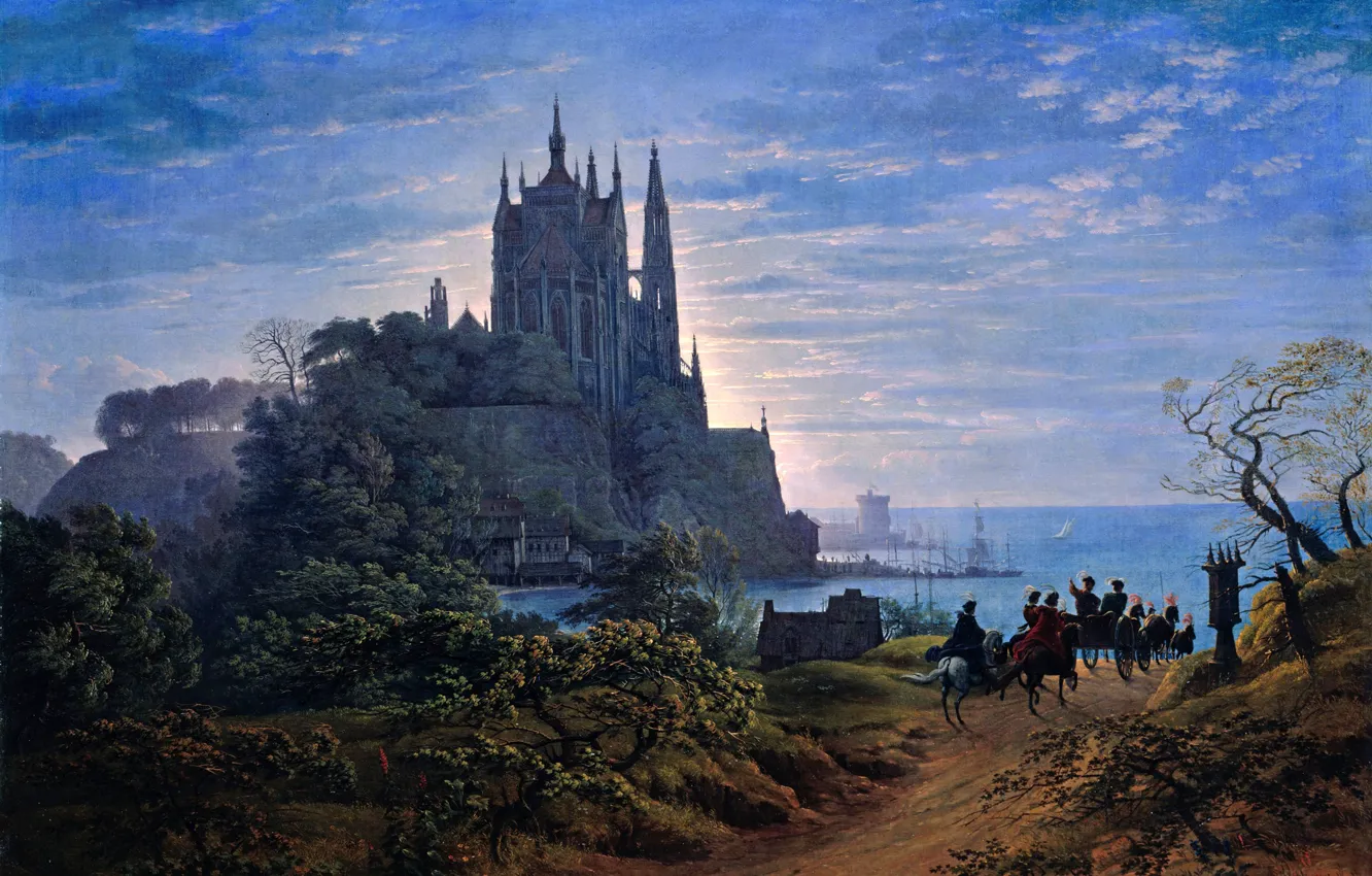 Фото обои море, замок, картина, всадник, живопись, painting