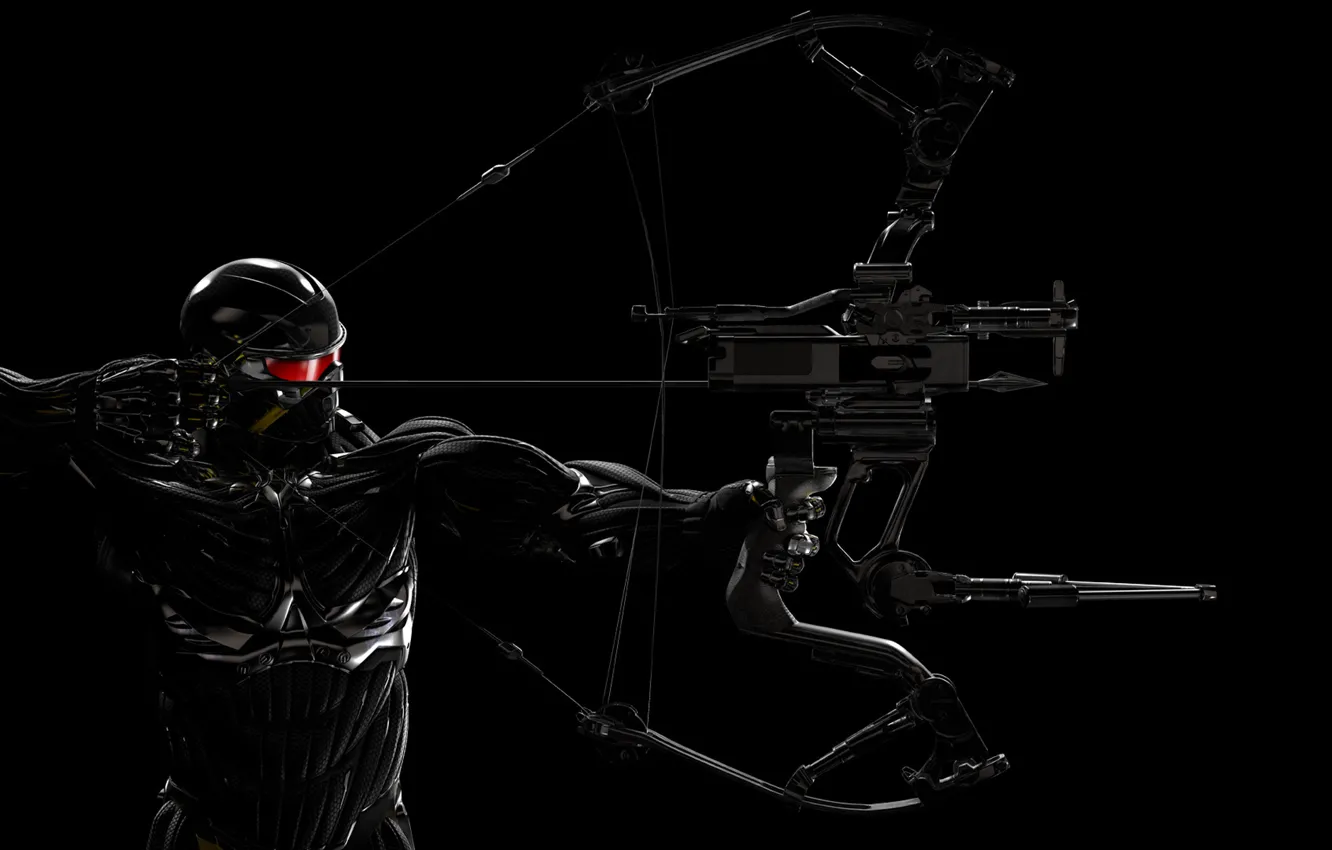 Фото обои темный фон, лук, мужчина, броня, Crysis 3