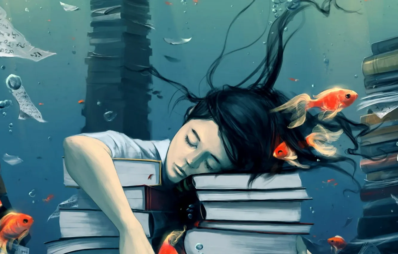 Фото обои вода, рыбки, мечты, пузыри, спокойствие, учеба, книги, сон
