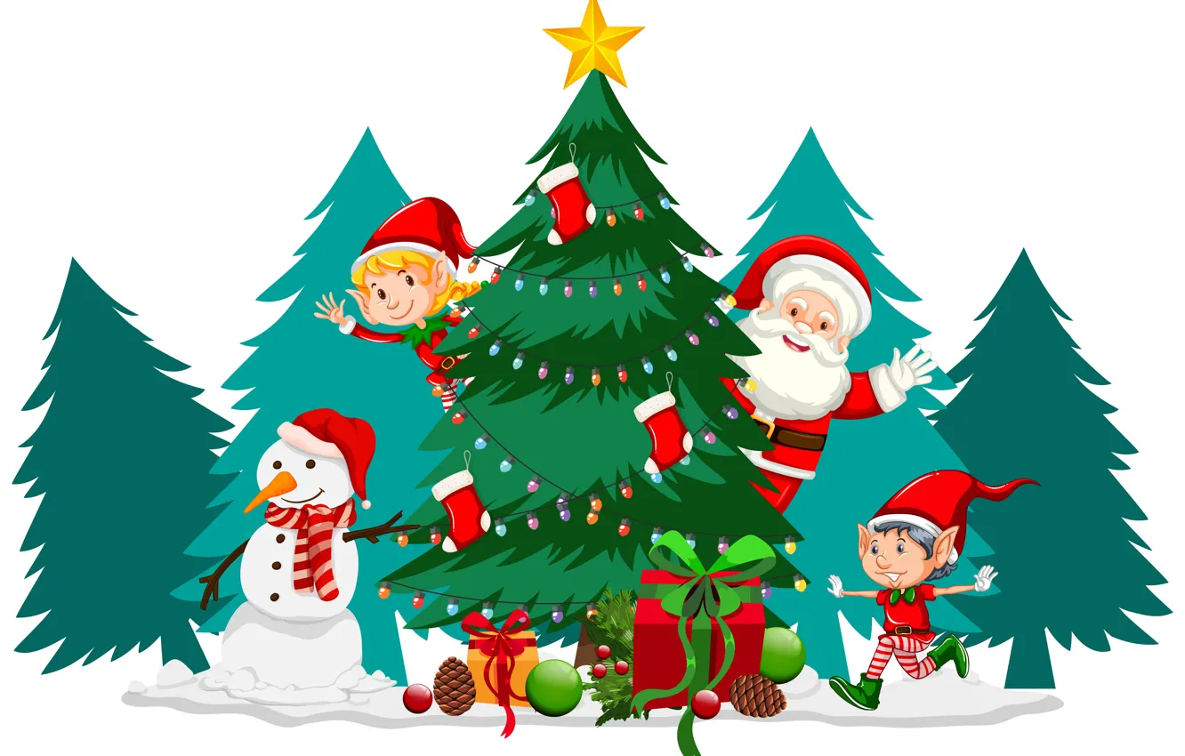 Фото обои Улыбка, Рождество, Белый фон, Новый год, Эльфы, Санта Клаус, Ёлки, Подарки