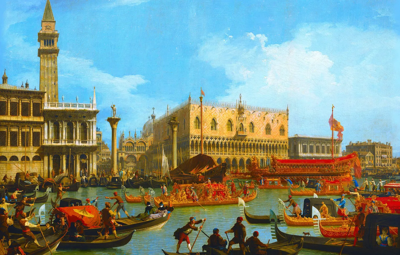 Фото обои картина, лодки, Венеция, гондола, городской пейзаж, Каналетто, Джованни Антонио Каналь, Возвращение Бучинторо к Молу у …