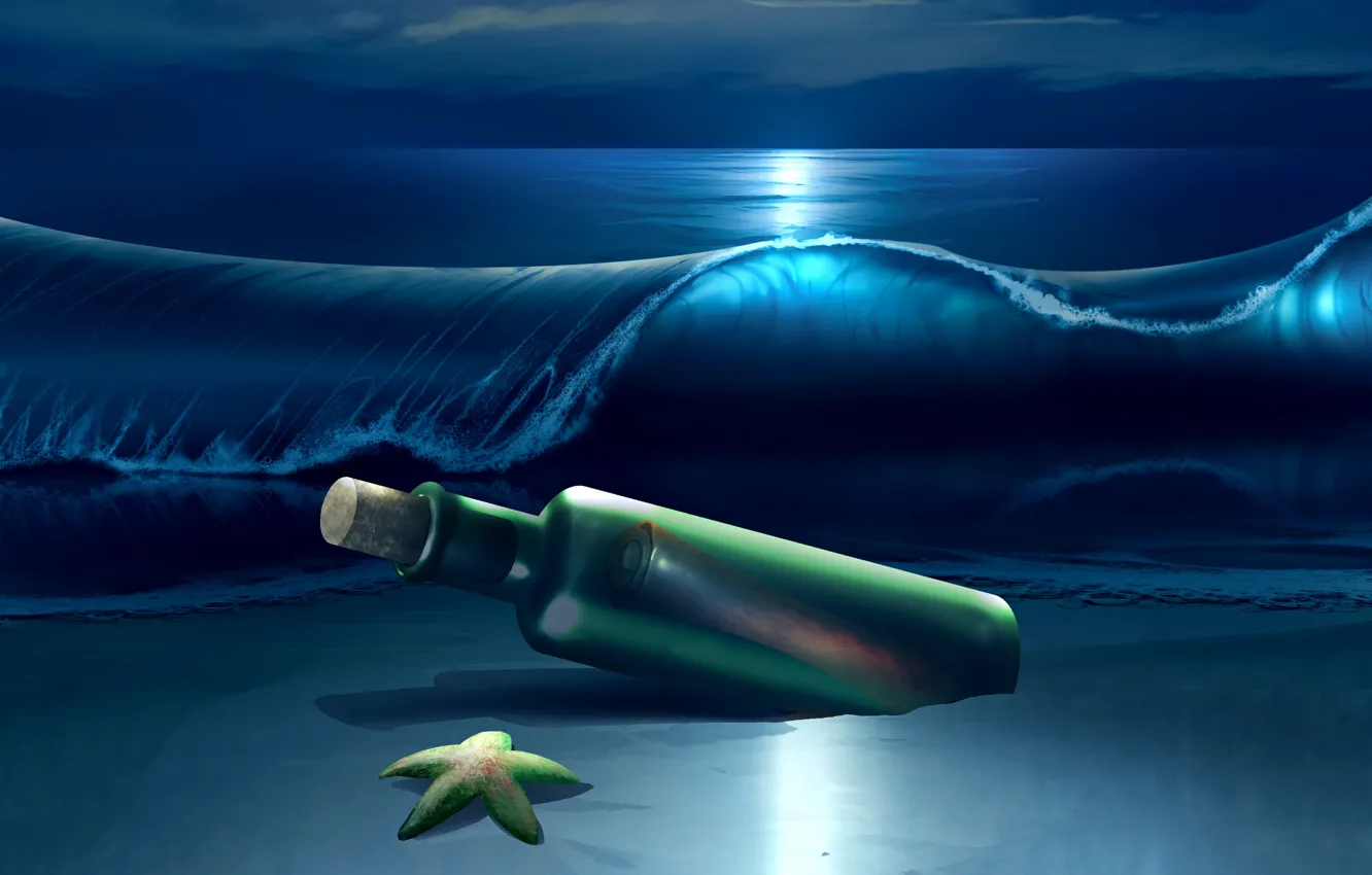 Фото обои море, волны, ночь, бутылка, морская звезда, wave, starfish, bottle