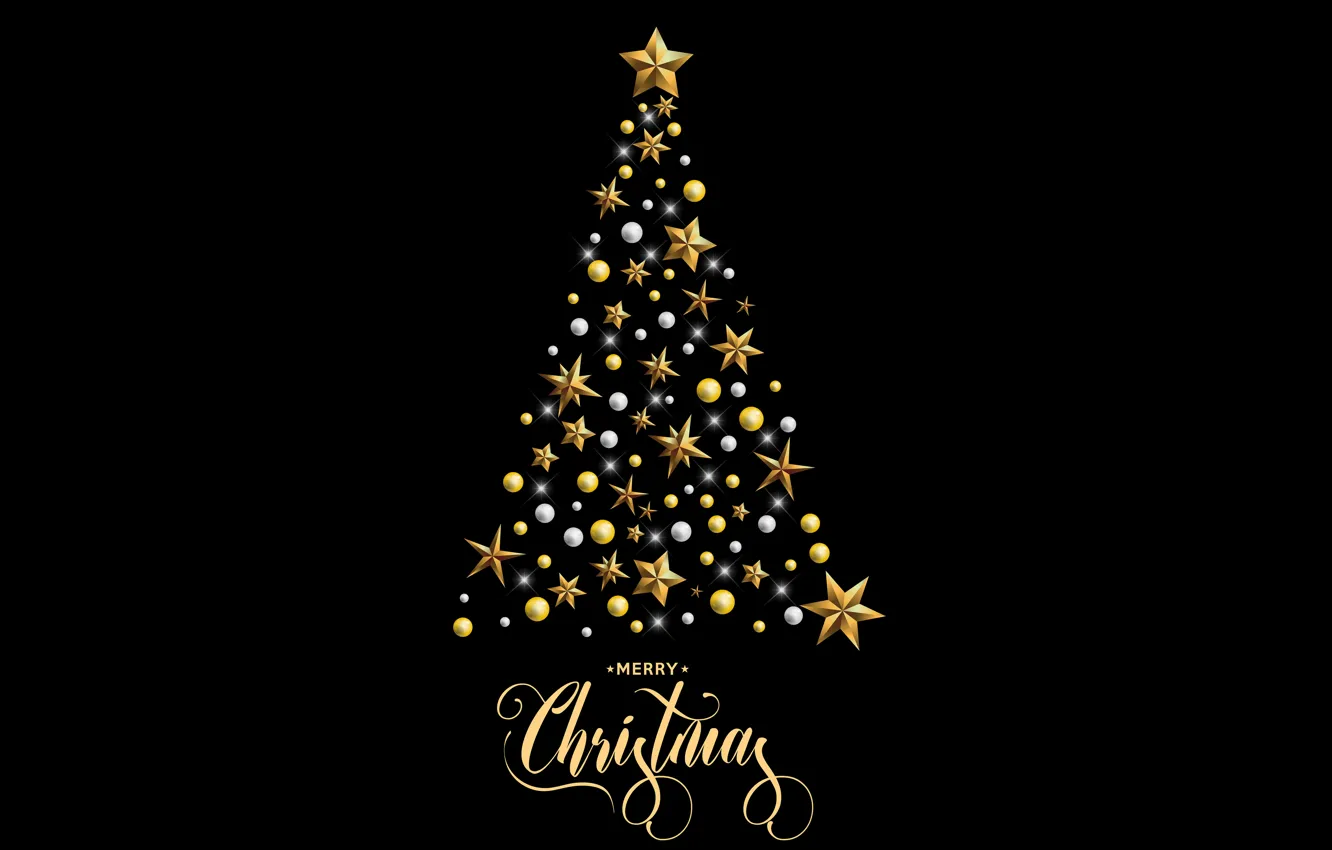 Фото обои украшения, золото, елка, Новый Год, Рождество, golden, черный фон, black